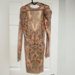 Fashion Nova Ornate Long Sleeve Dress - Tan and Silver